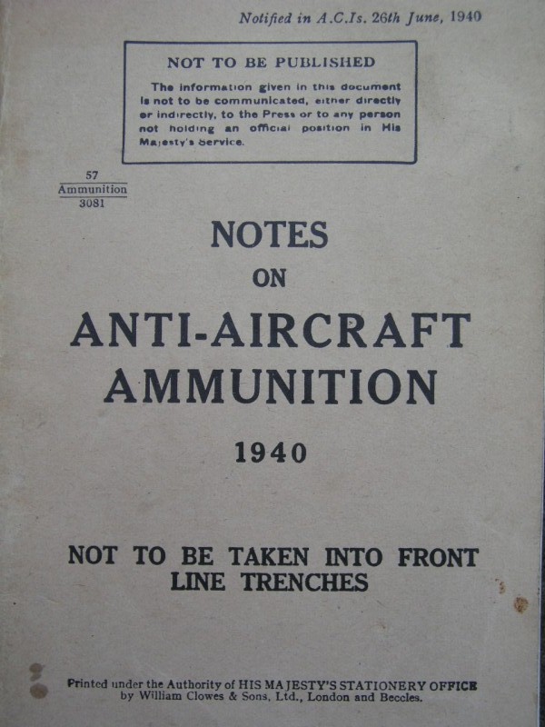 Extremely Rare Anti-Aircraft Artillery Ammunition manual