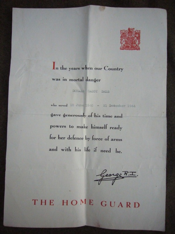8th Battalion Cornwall Home Guard Service Certificate