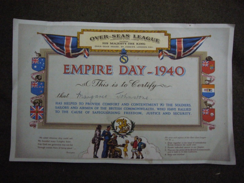 1940 Empire Day Certificate for Comforts of the Forces