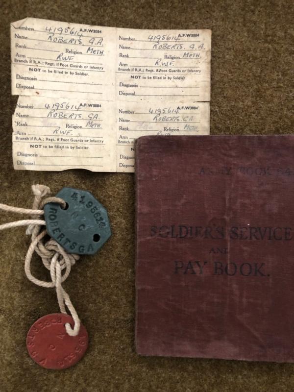 WWII Royal Welsh Fusiliers Pay Book and Identity Discs