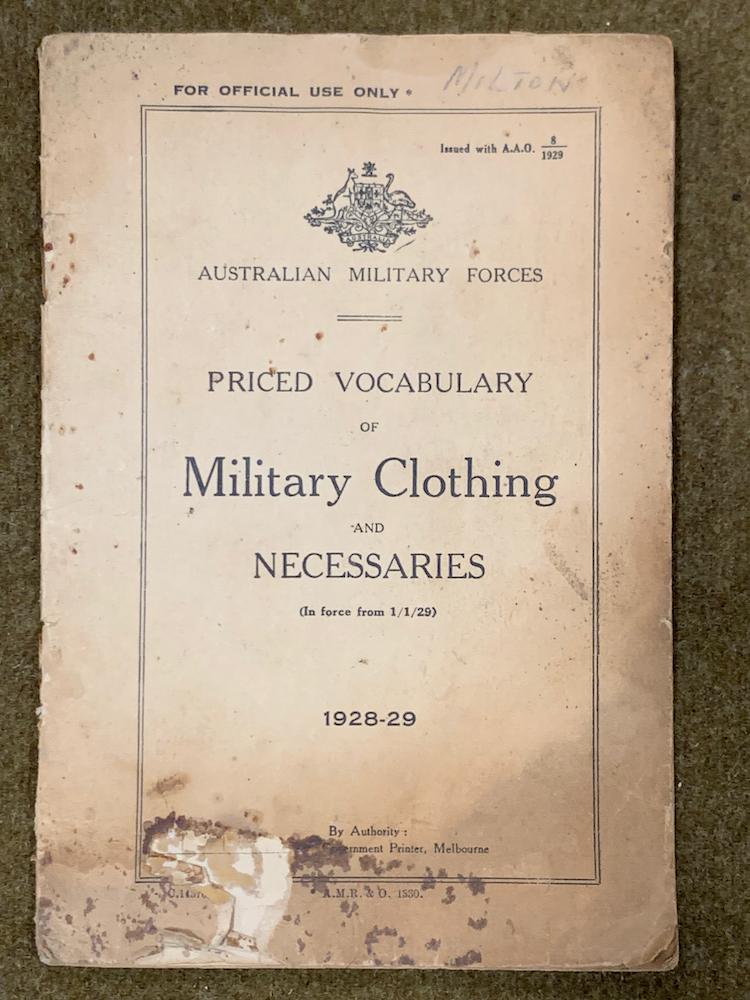 Rare 1920s Australian Army Priced Vocabulary of Military Clothing and Necessaries
